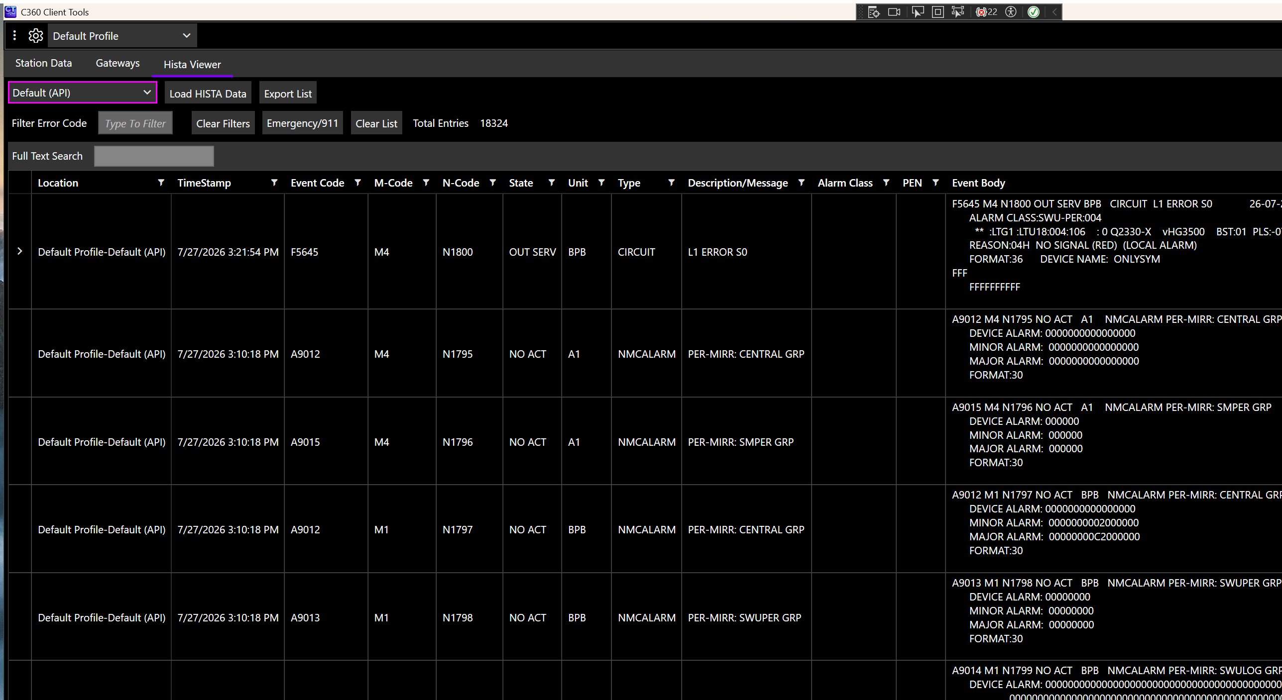 HISTA Viewer with event log columns