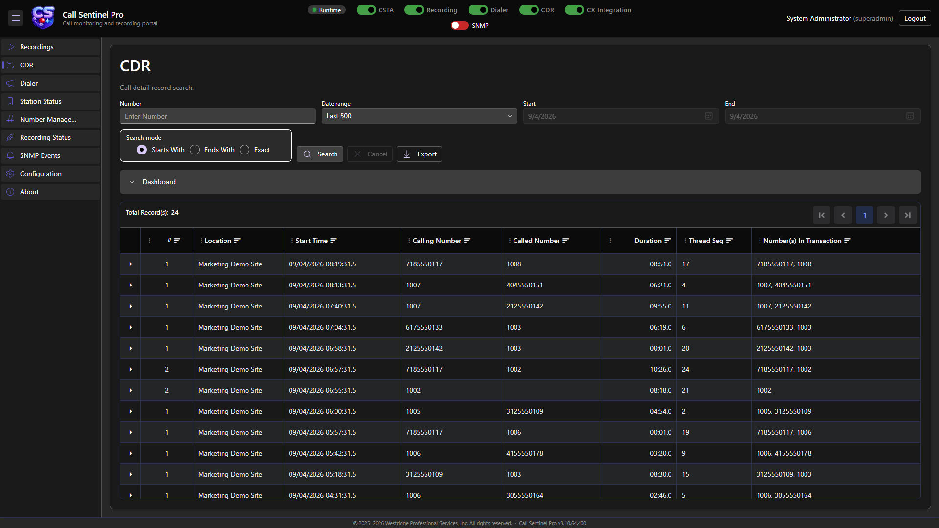 CDR dashboard with KPI summaries and call detail grid