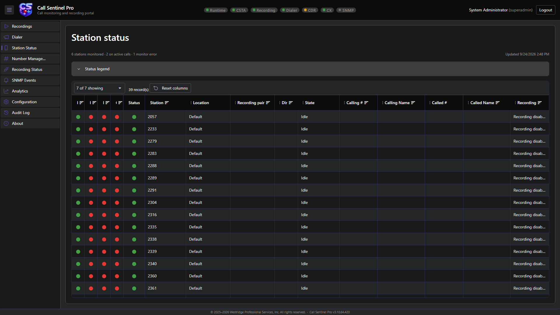 Monitored Stations live CSTA status grid