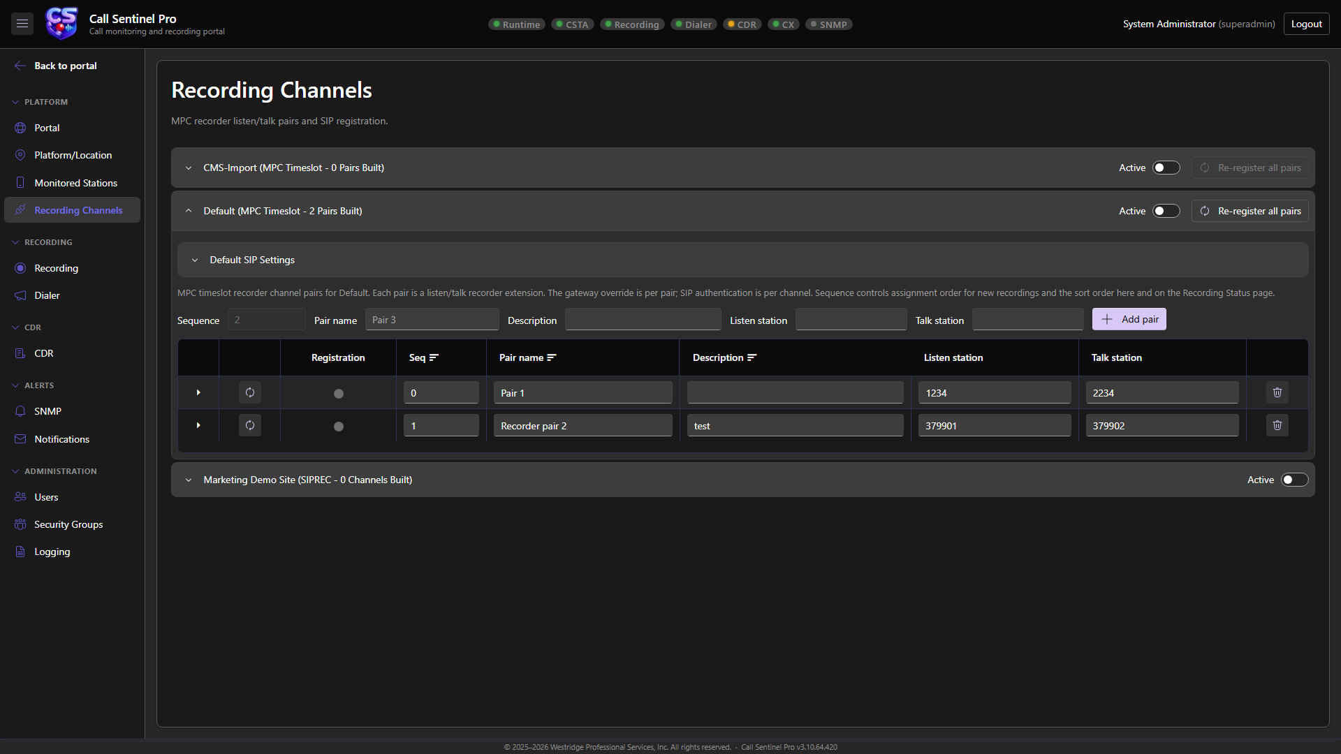 Recording Channels configuration