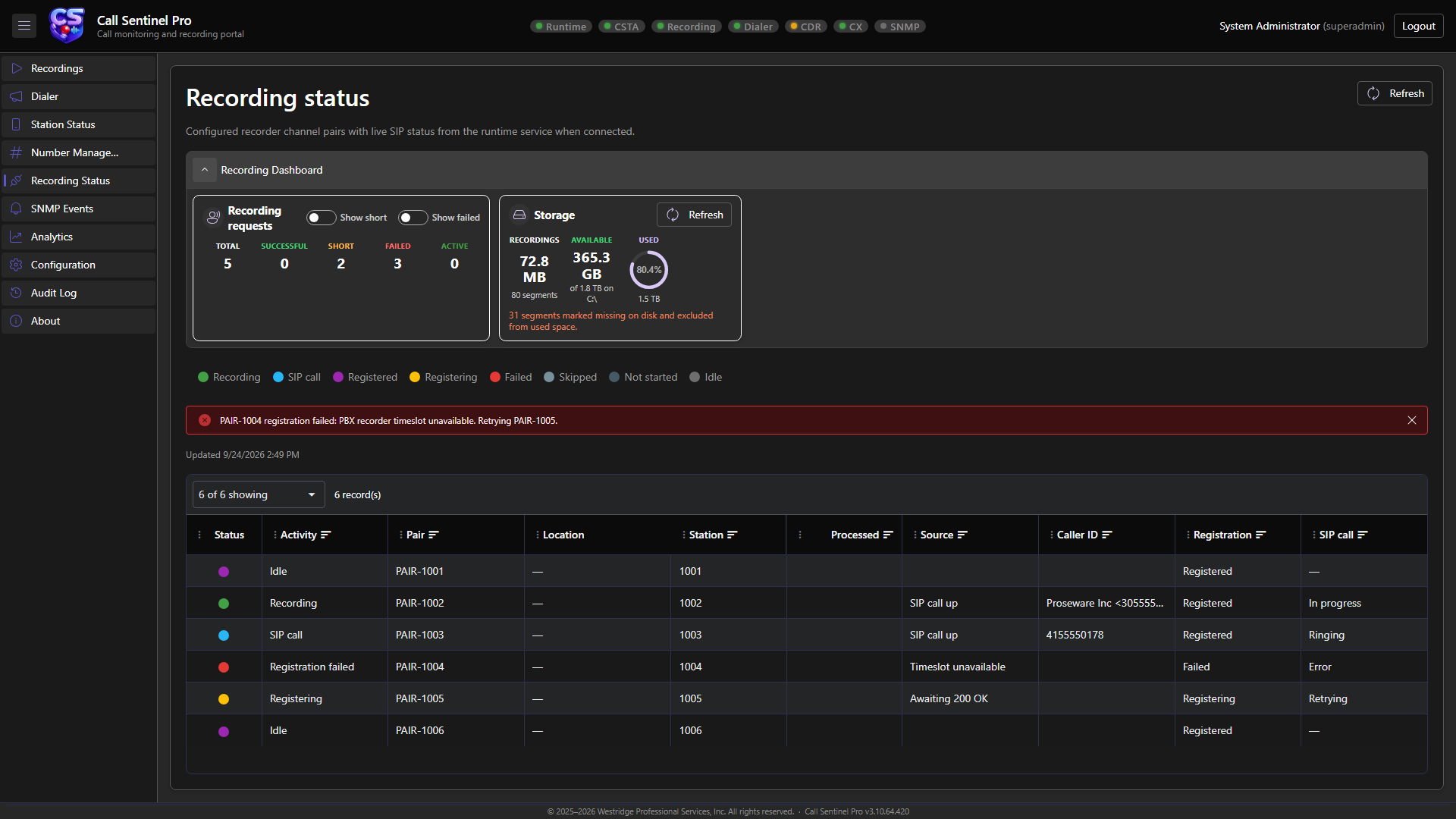 Recording Status channel pairs and SIP metrics