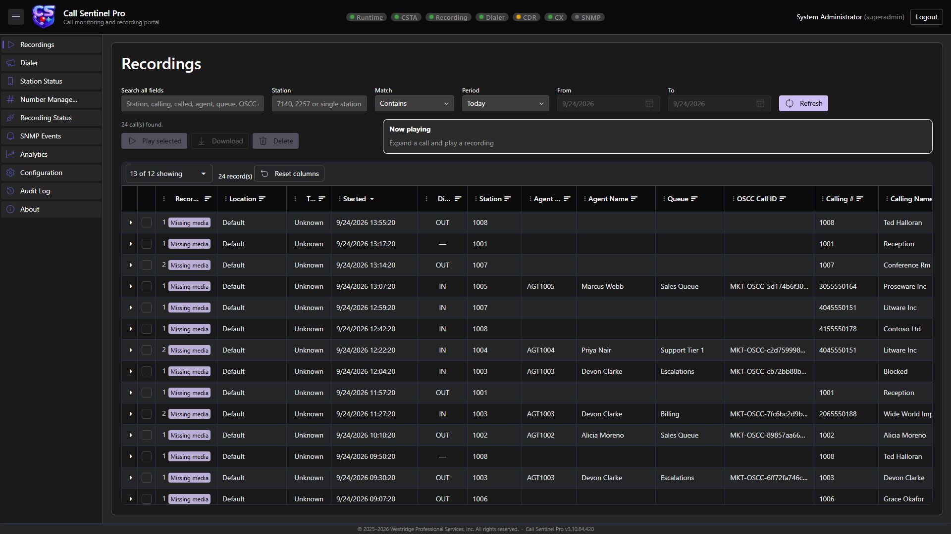 Call Sentinel Recordings portal showing search and playback