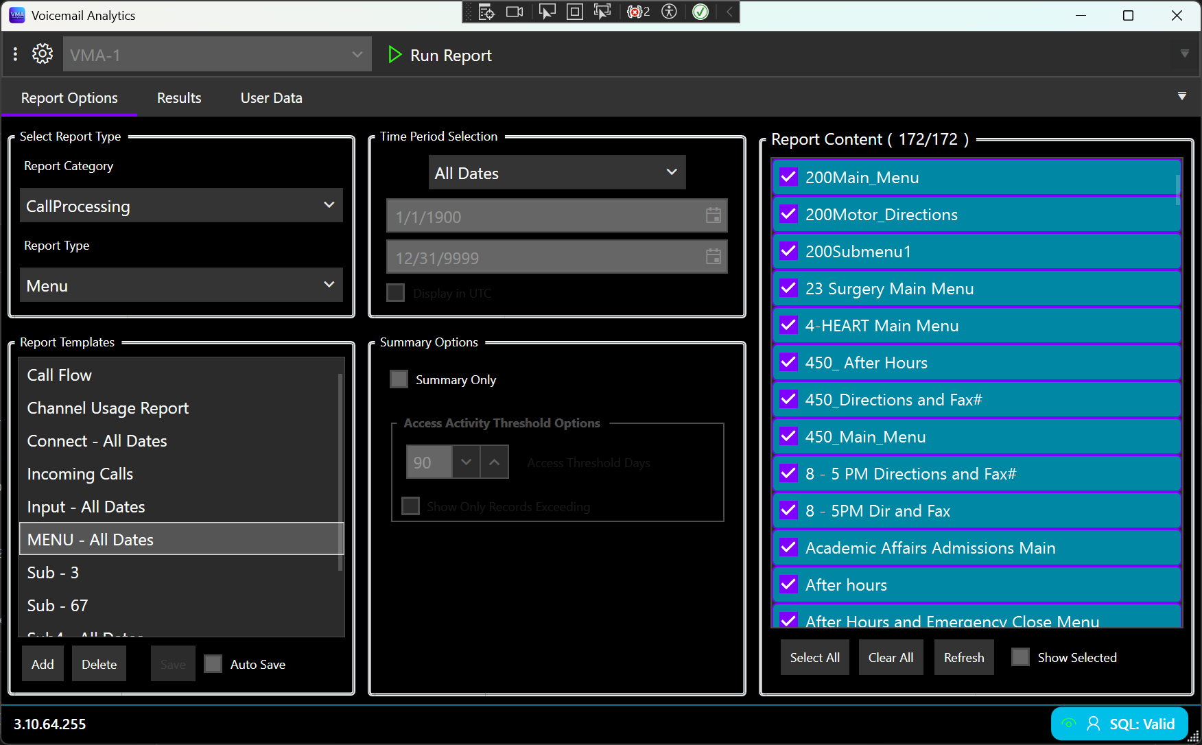 Voicemail Analytics main window showing report options