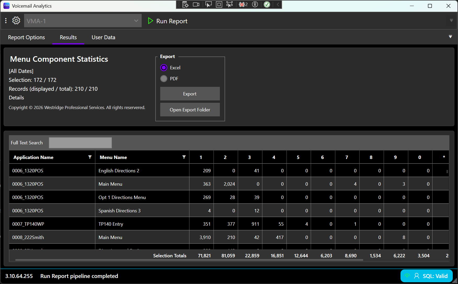 Menu Component Statistics results grid