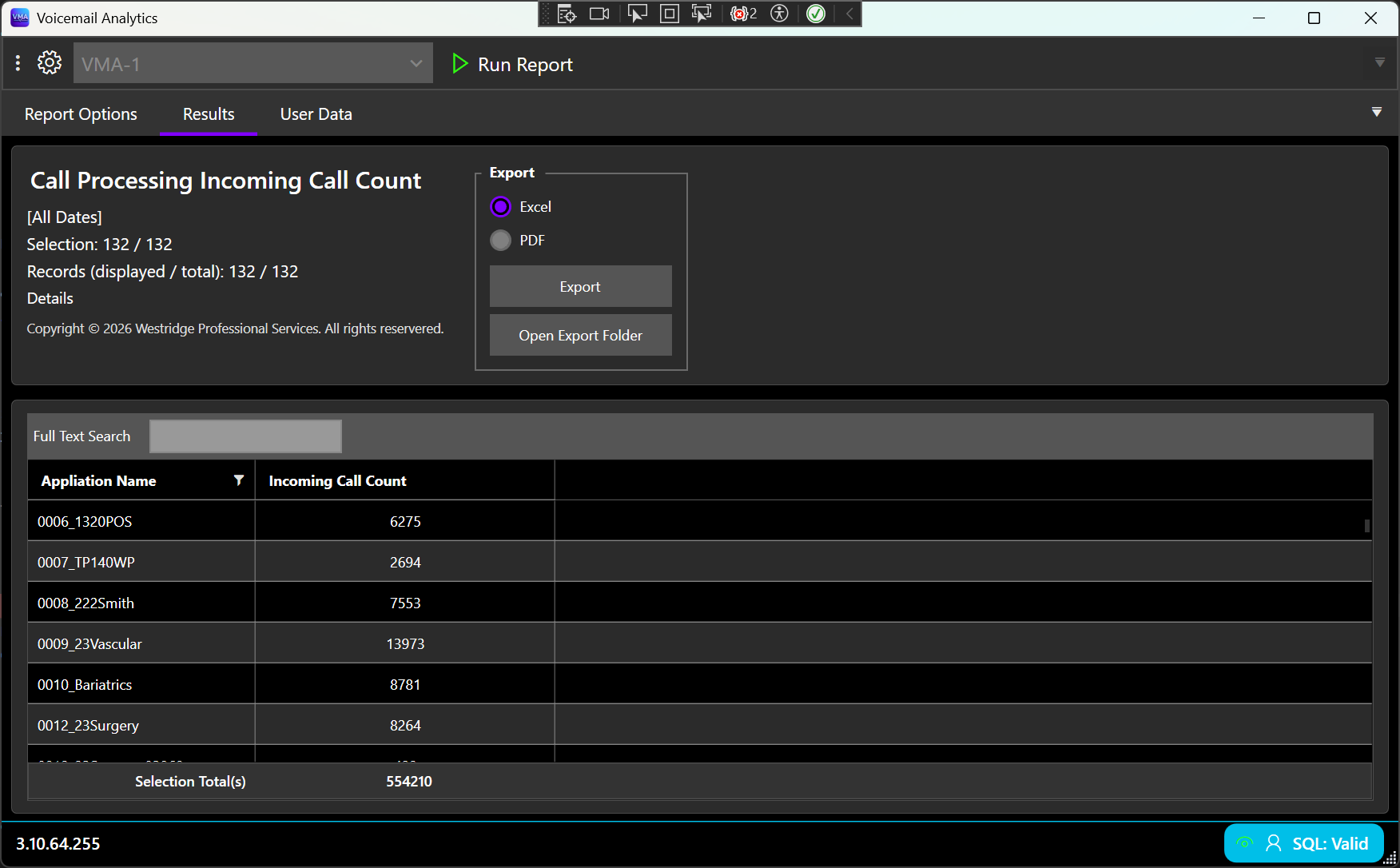Incoming Calls report results